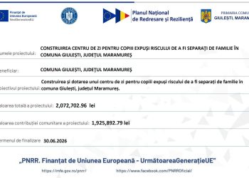 UAT COMUNA GIULESTI anunţă finalizarea proiectului „ CONSTRUIREA SI DOTARE CENTRU DE ZI PENTRU COPIII EXPUSI RISCULUI DE A FI SEPARATI DE FAMILIE IN COMUNA GIULESTI, JUDETUL MARAMURES”