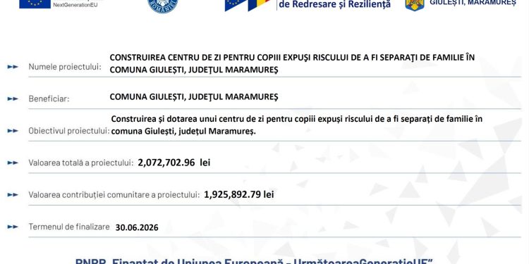 UAT COMUNA GIULESTI anunţă finalizarea proiectului „ CONSTRUIREA SI DOTARE CENTRU DE ZI PENTRU COPIII EXPUSI RISCULUI DE A FI SEPARATI DE FAMILIE IN COMUNA GIULESTI, JUDETUL MARAMURES”