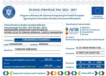 Comuna Bârsana implementează proiectul „Modernizare infrastructură rutieră de interes local în comuna Bârsana, județul Maramureș”, finanțat prin Planul Strategic PAC 2023–2027