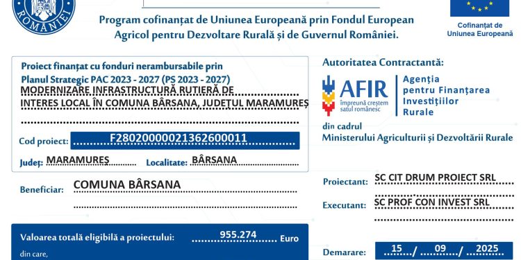 Comuna Bârsana implementează proiectul „Modernizare infrastructură rutieră de interes local în comuna Bârsana, județul Maramureș”, finanțat prin Planul Strategic PAC 2023–2027